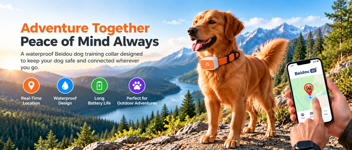 Dog wearing a waterproof training collar outdoors with Beidou 4G connectivity and smartphone location features