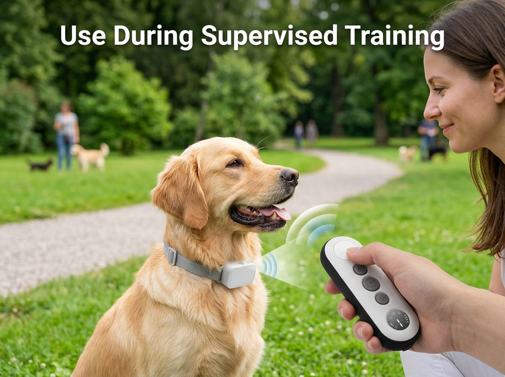 Pet owner using a handheld remote during supervised dog training outdoors.