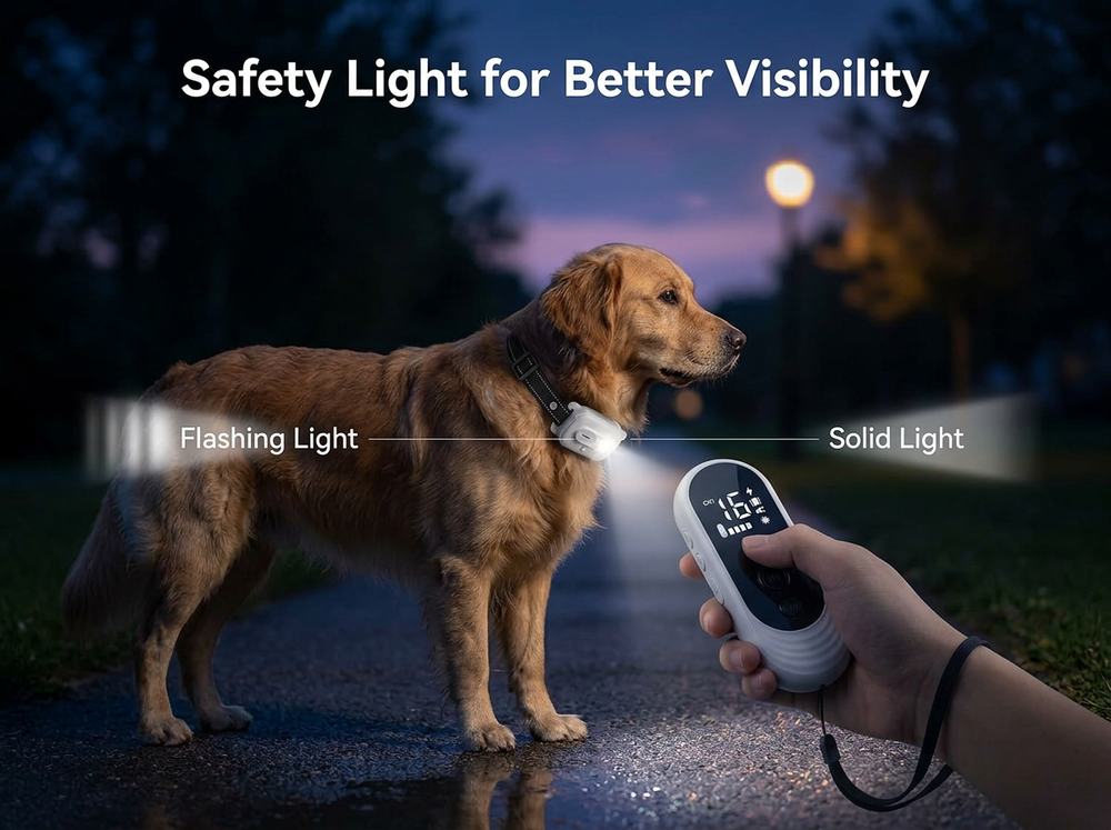 
Remote dog training collar with flashing and solid safety light modes for nighttime visibility