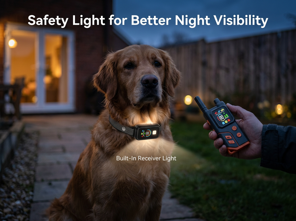 Dog training collar with built-in receiver safety light for improved visibility during nighttime activities.