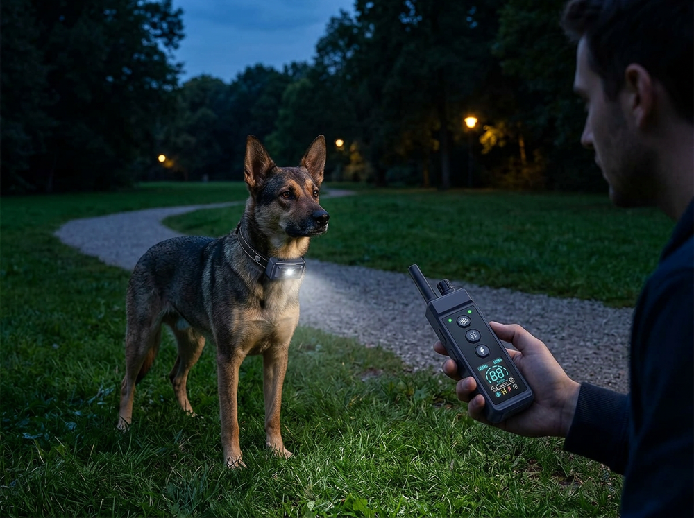 Dog wearing remote training collar with visibility light during evening walk