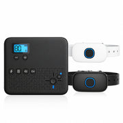 Dog training collar set with remote control, digital display, and adjustable black and white collars