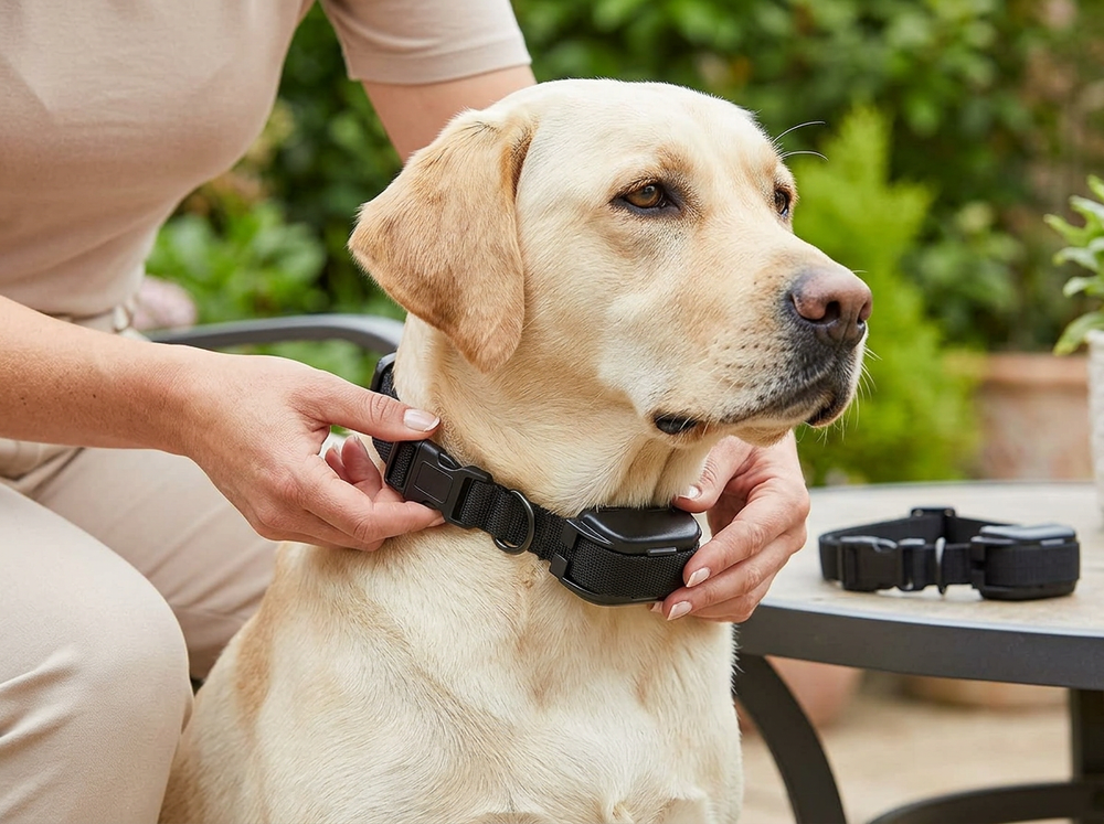 
Adjustable remote dog training receiver collar being fitted comfortably around a dog’s neck.