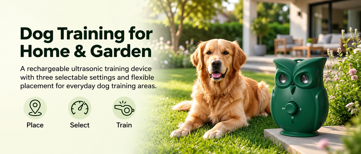 A golden retriever lies on a green lawn beside a dark green owl-shaped ultrasonic dog training device. Text on the left reads 'Dog Training for Home & Garden' with icons for place, select, and train, and the background shows a sunny backyard setting.

