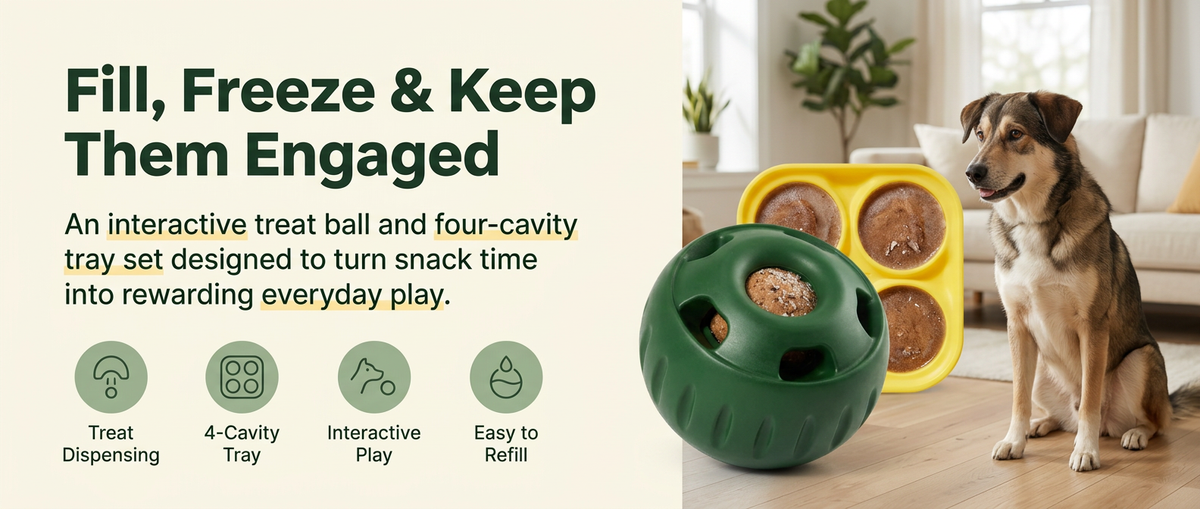 Dark green dog treat dispensing ball with multiple openings and yellow four-cavity treat tray beside a dog in a modern home
Full Main Banner Prom