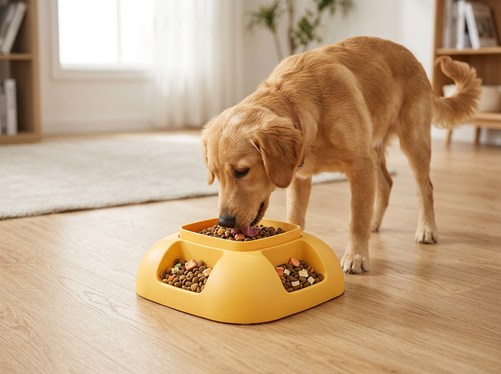Dog eating from interactive slow feeder bowl