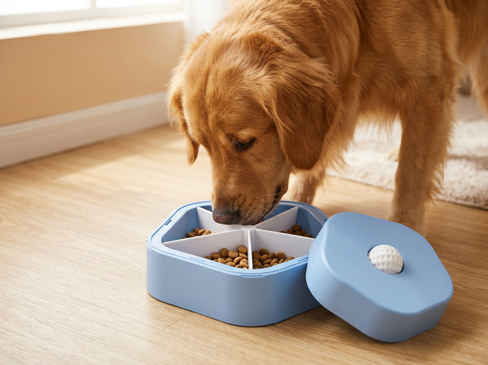 Dog eating kibble around dividers in blue slow feeder bowl