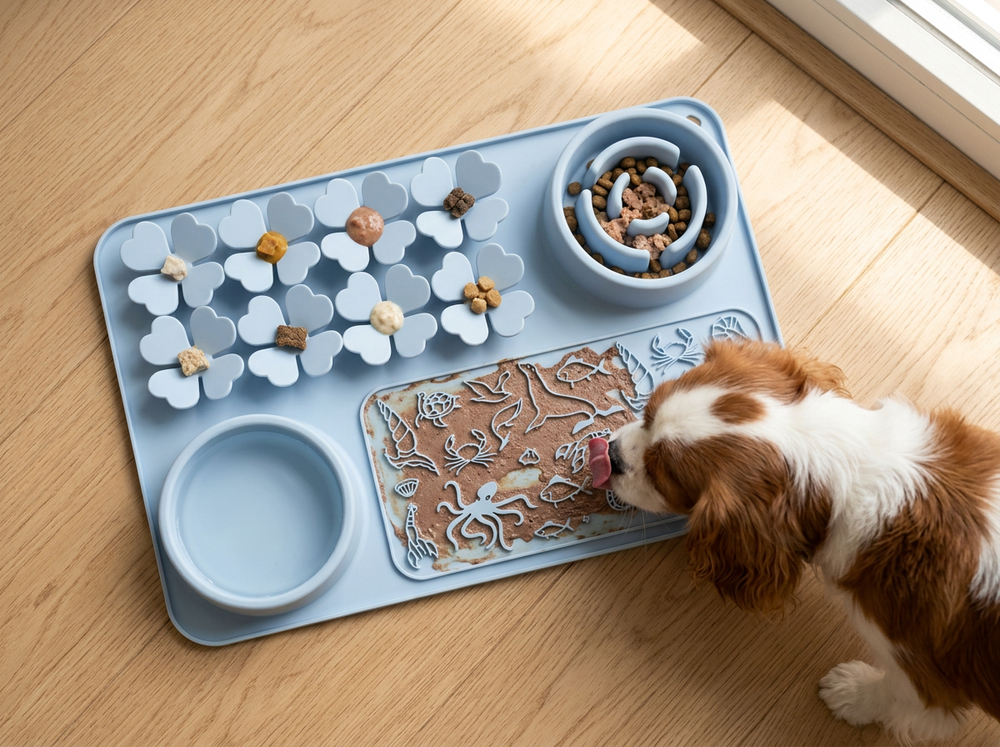 Small dog enjoying food from four in one silicone pet licking and feeding mat