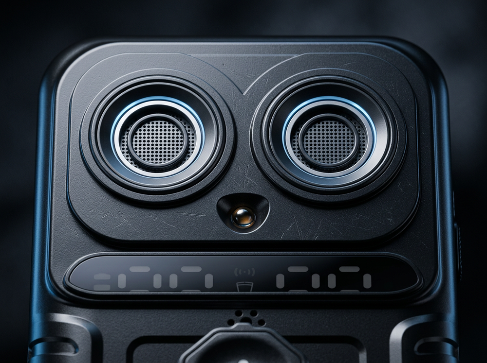  Close-up of twin ultrasonic emitters on a black smart dog bark-control device