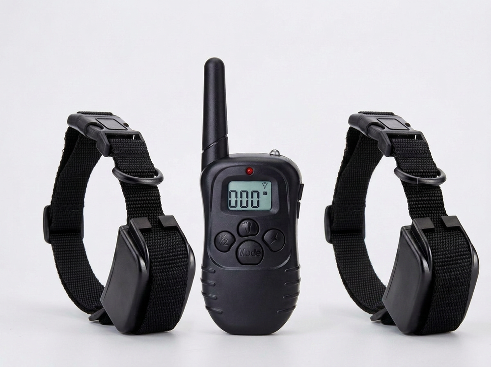 LCD dog training remote with two black adjustable receiver collars