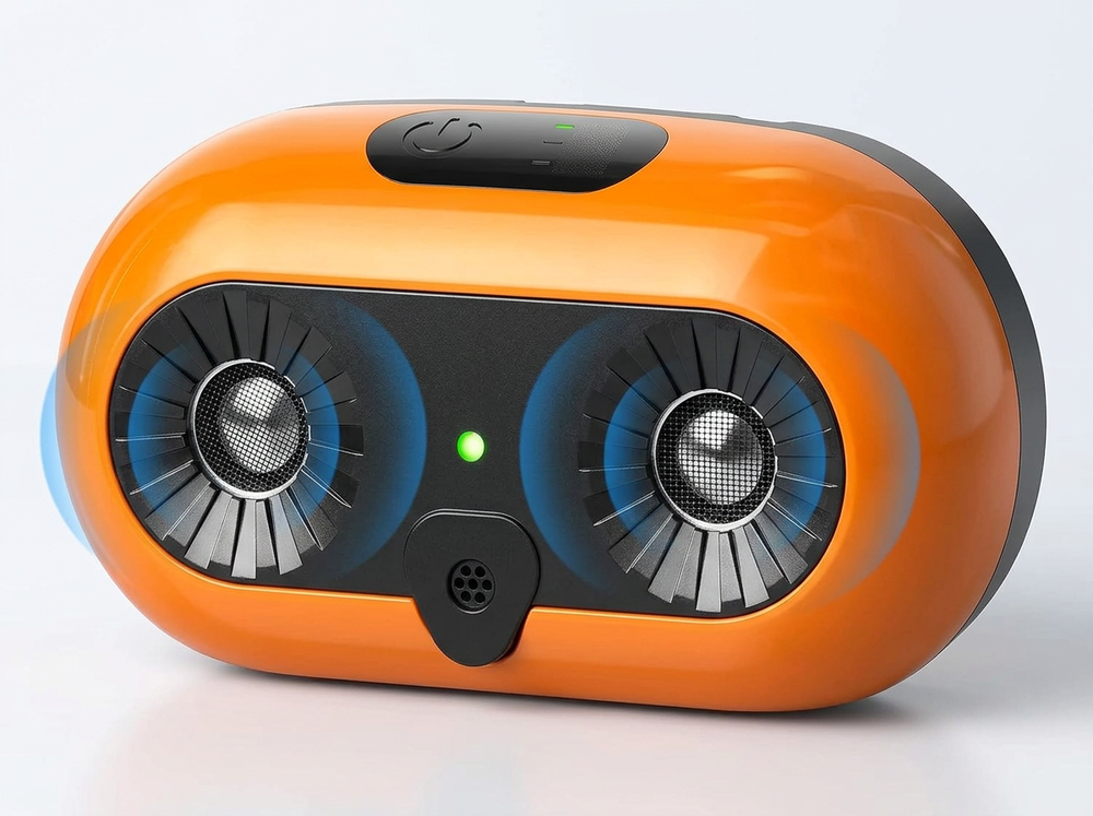  Close-up of dual ultrasonic speakers on an orange rechargeable dog bark control device
