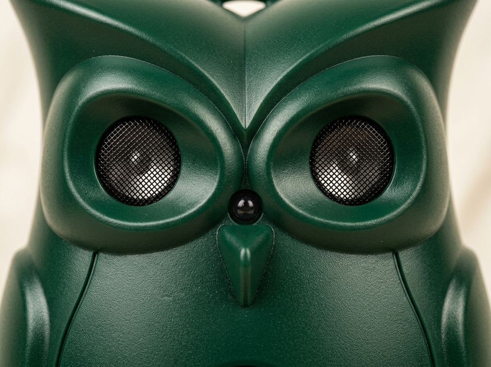 Close-up of two ultrasonic sound openings on dark green owl-shaped dog bark control device