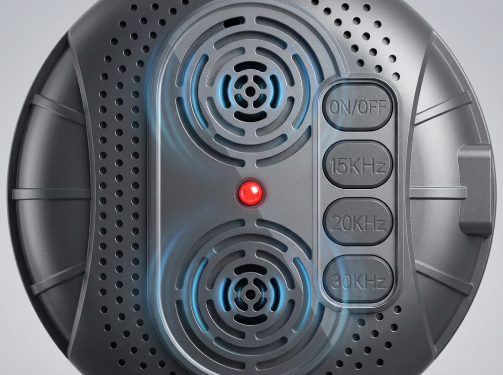 Close-up of the dual circular ultrasonic output grilles on a grey dog bark deterrent