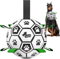 Durable rubber dog soccer ball toy with straps for interactive play