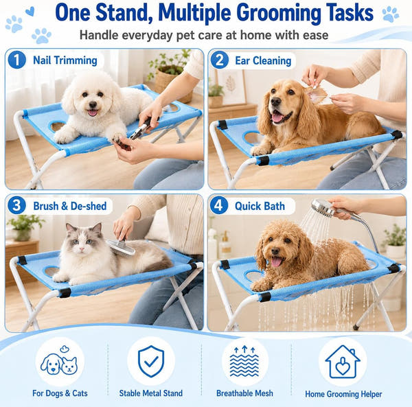 Mesh pet grooming hammock and stand for supporting dogs and cats during bathing