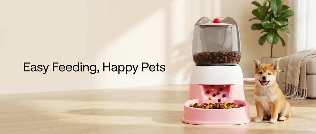 Pink pet food dispenser with dog for simple everyday feeding