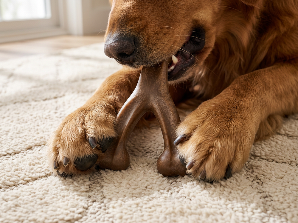 Dog holding a brown wishbone-shaped chew toy securely between its front paws while playing indoors