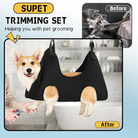 Dog grooming hammock with accessible paw openings for routine pet care