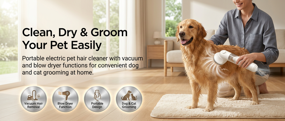 

Portable electric pet hair cleaner with dog vacuum and blow dryer function for cats and dogs.
