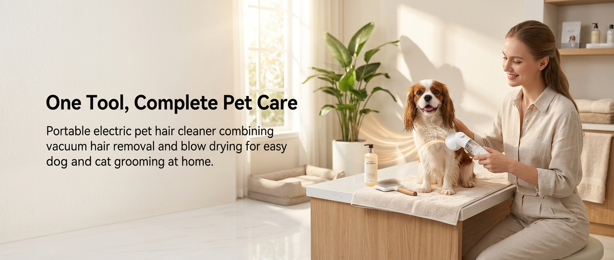 

Dog grooming with portable electric pet hair cleaner vacuum and dryer.