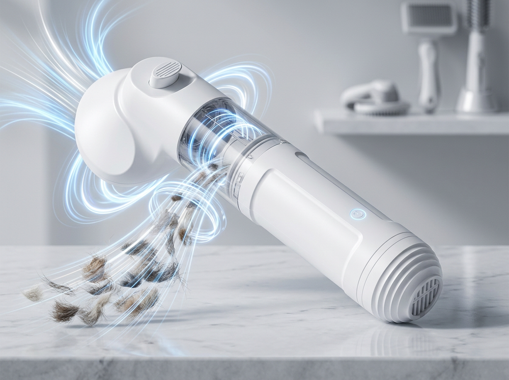 

Electric dog vacuum cleaner removing loose pet hair.