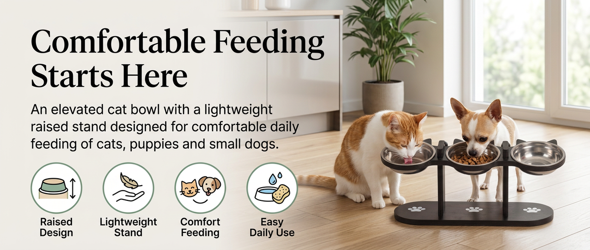 Elevated cat bowl with raised feeding stand for cats and small dogs