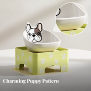 Elevated ceramic pet bowl with cute puppy pattern and paw print stand for dogs and cats