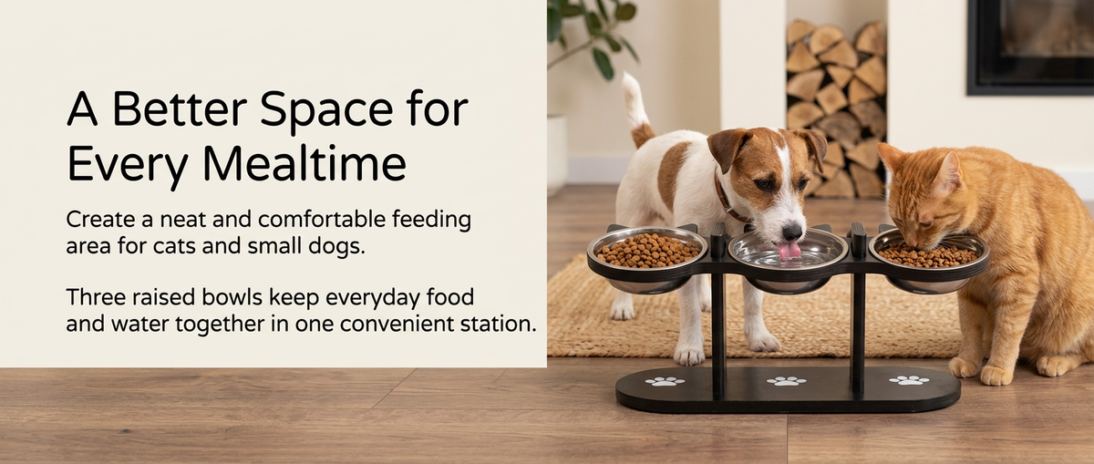 Cat and small dog sharing a three bowl elevated pet feeding station in a modern home