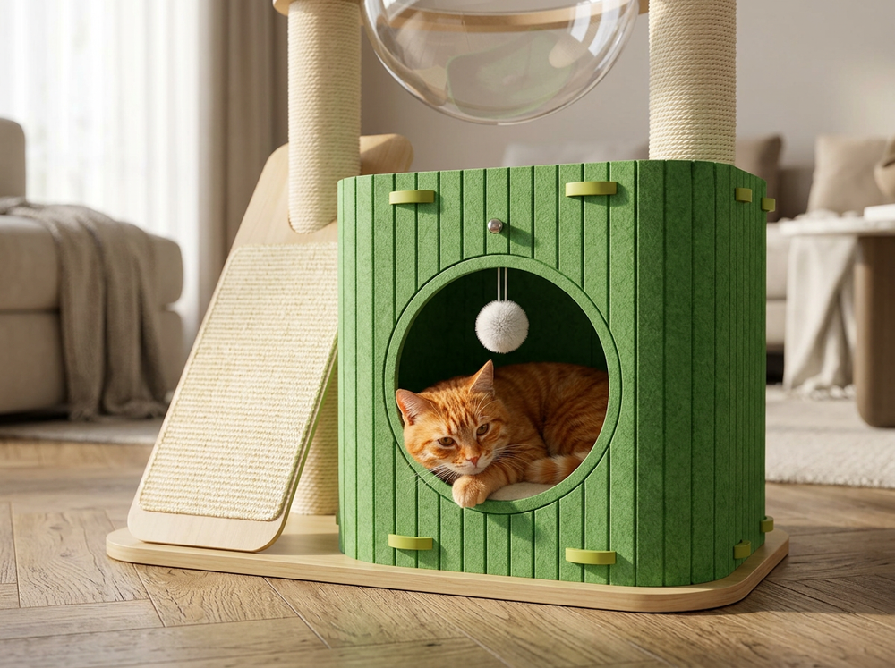 Cat resting inside the enclosed green lower house of a multi-level indoor cat tree.