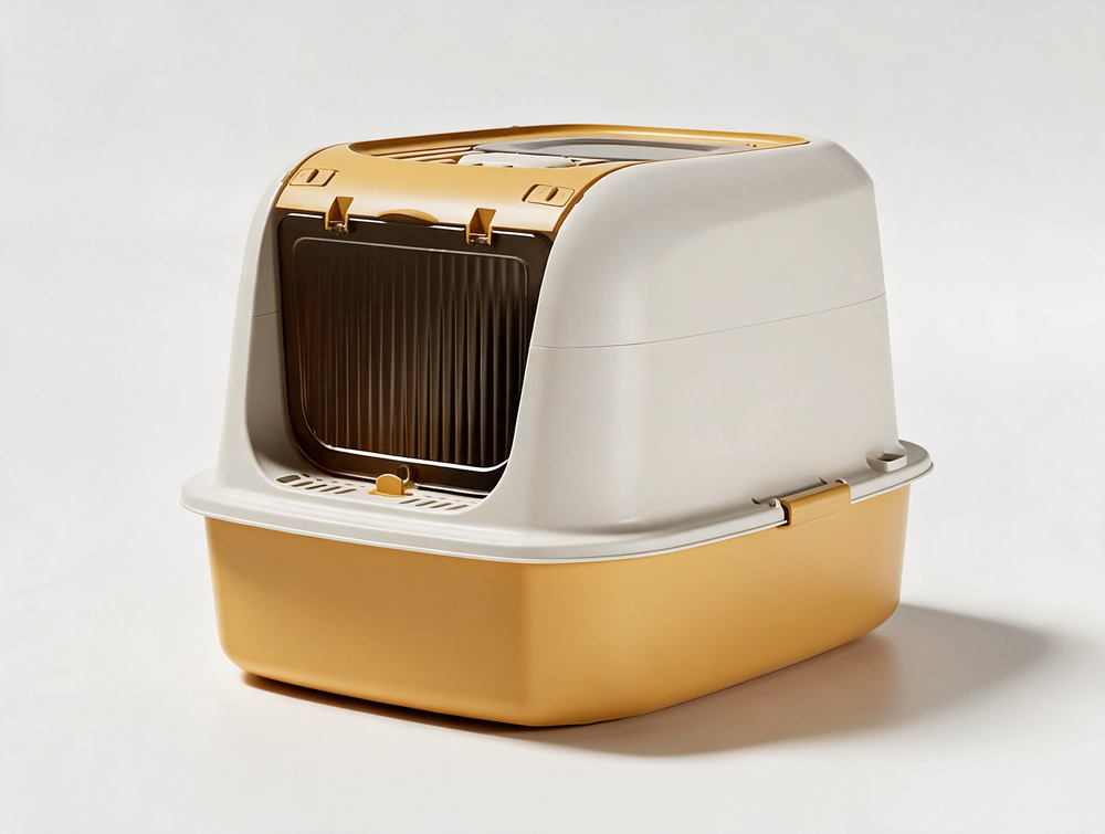 Top ventilation slots on cream and yellow fully enclosed cat litter box
