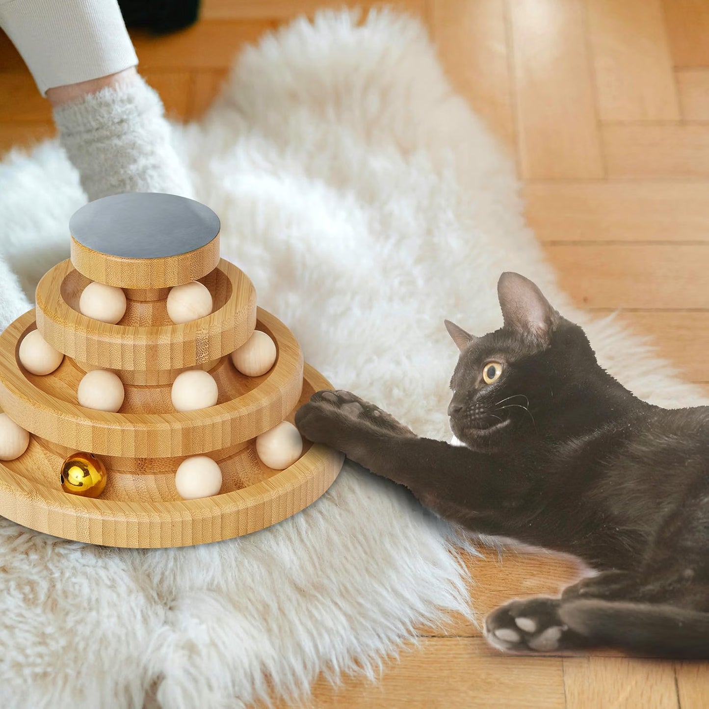 Wooden rolling ball puzzle toy for indoor cats