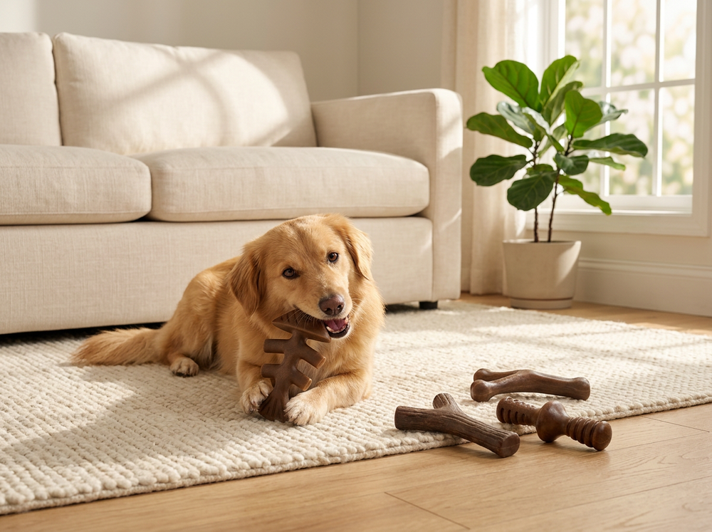 Happy dog relaxing indoors with four brown textured chew toys arranged nearby for everyday play