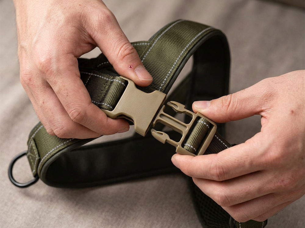 Quick release buckle being fastened on a khaki adjustable dog harness