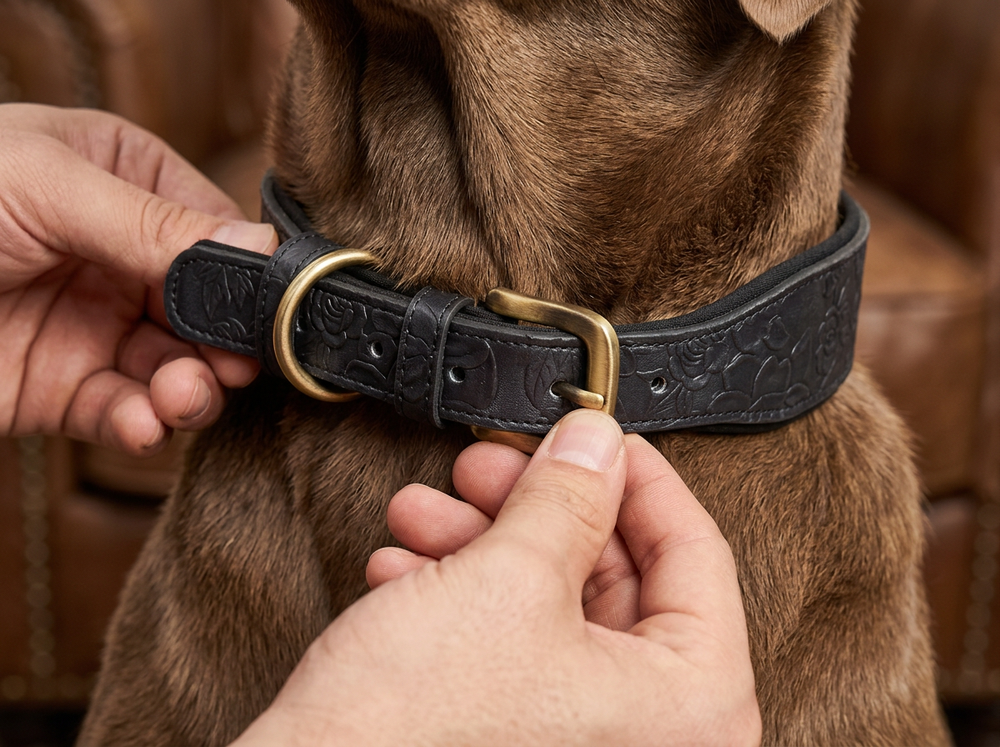 Antique gold tone buckle being fastened on a brown embossed leather dog collar