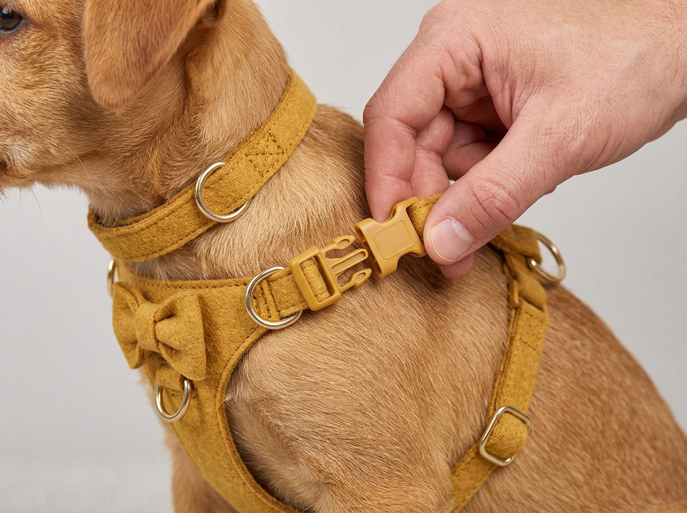 Existing clasp being fastened on a mustard yellow puppy walking harness