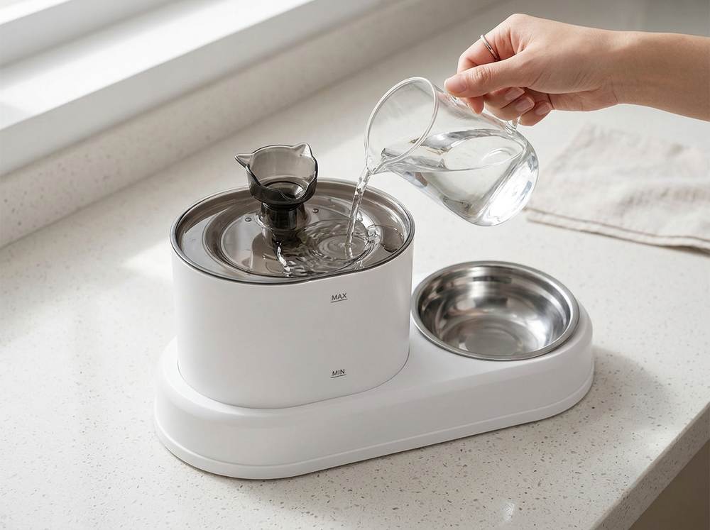 Owner filling automatic cat water fountain tank