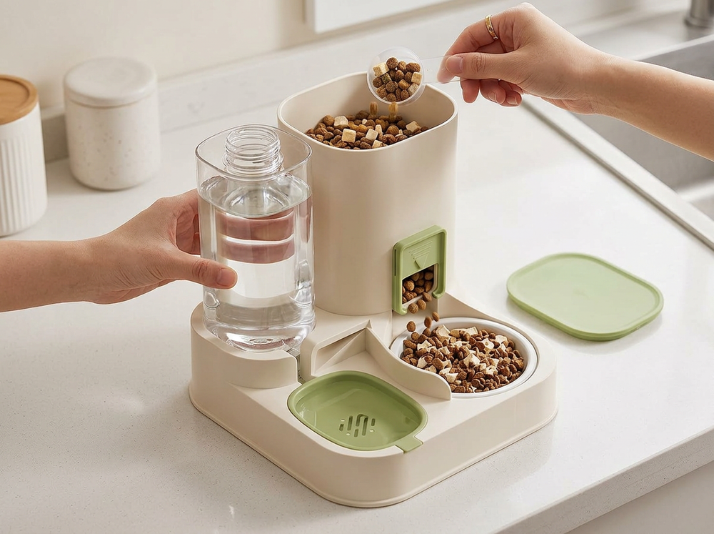 Owner filling automatic pet feeder with food and water