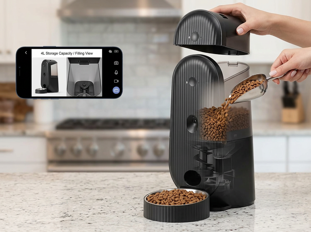 Owner filling smart automatic pet feeder with food