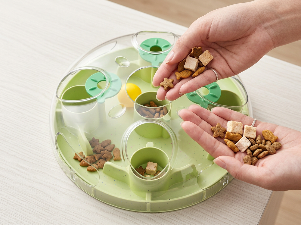 Owner filling interactive cat foraging ball with treats.