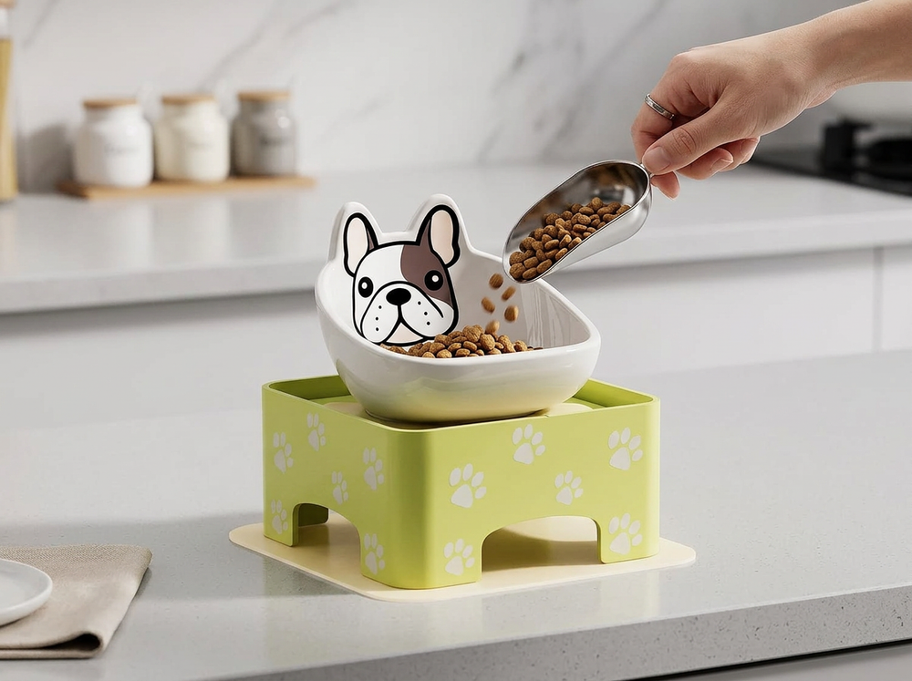 Owner placing food into ceramic pet feeder bowl