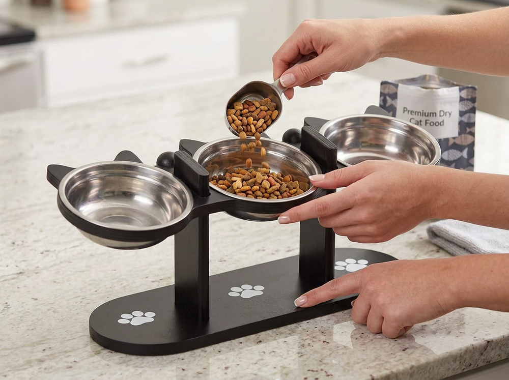 Owner adding food to elevated cat bowl