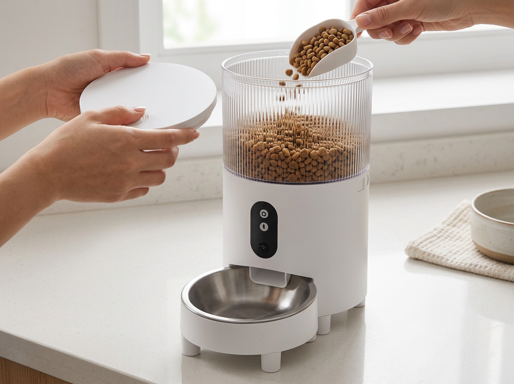 Owner filling smart automatic cat feeder with food