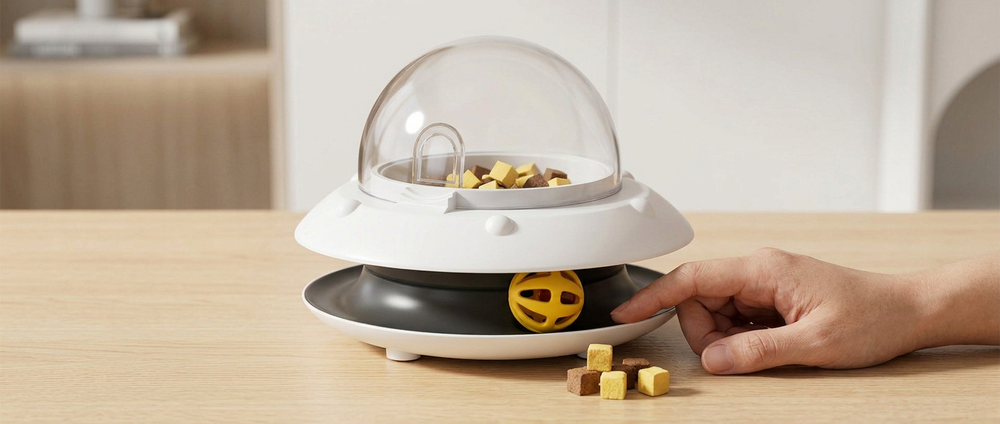  Hand adding small dry cat treats to the transparent compartment of an automatic interactive cat dispenser toy