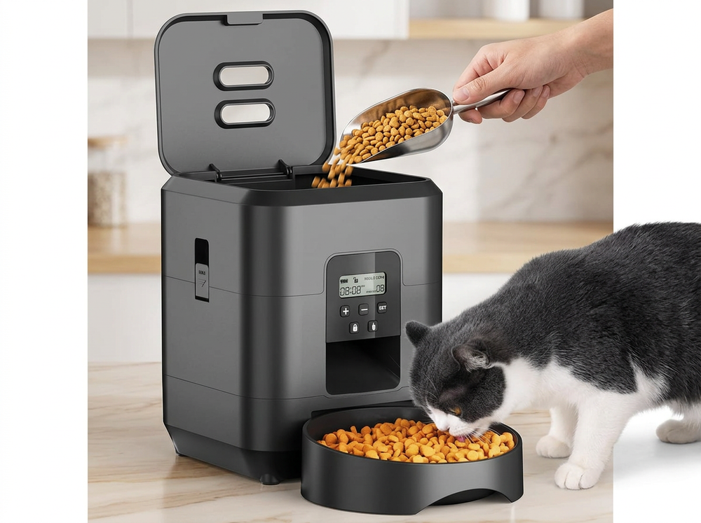 Dry kibble being poured into the storage container of a black automatic pet feeder