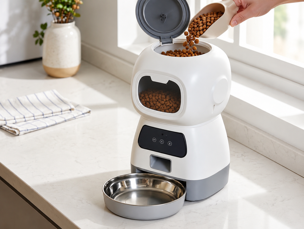 Dry pet food being added through the top of a smart automatic pet feeder