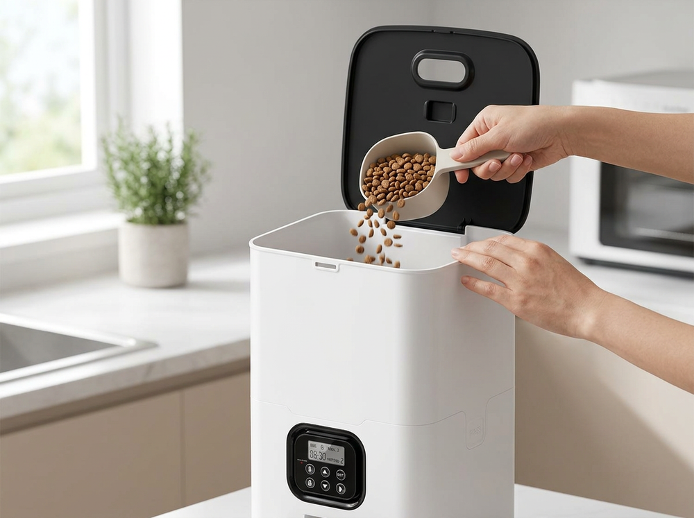 Dry pet food being poured into a white automatic food dispenser