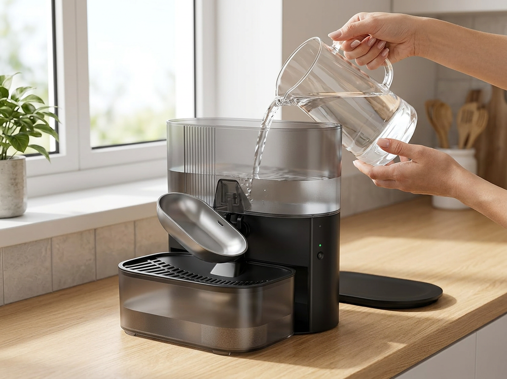 Fresh drinking water being poured into the upper reservoir of a cat water fountain