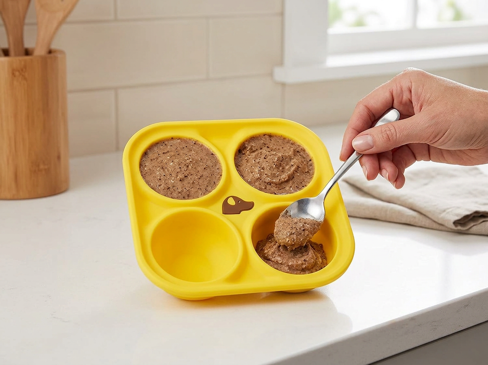 Hand filling the four circular cavities of a yellow dog treat preparation tray with a soft treat mixture