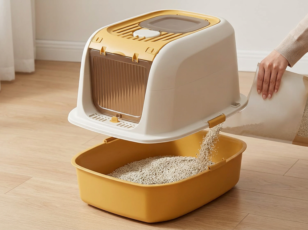 Owner adding fresh litter to yellow base of fully enclosed cat litter box