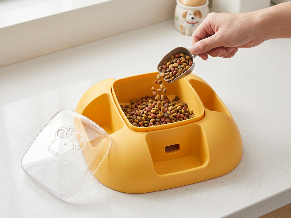 Dry dog food being poured into top-loading interactive slow feeder